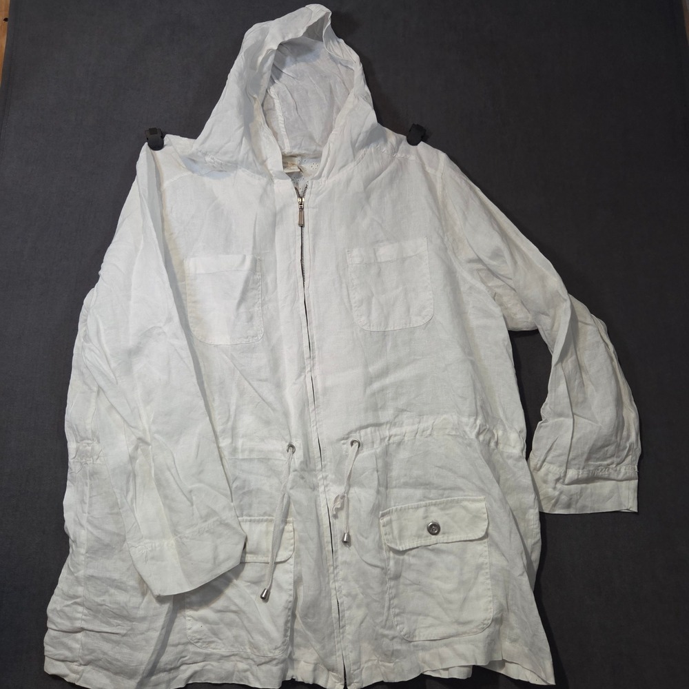 Cynthia Rowley Linen Hooded Jacket Womens 3X White Eyelet Trim Utility Anorak